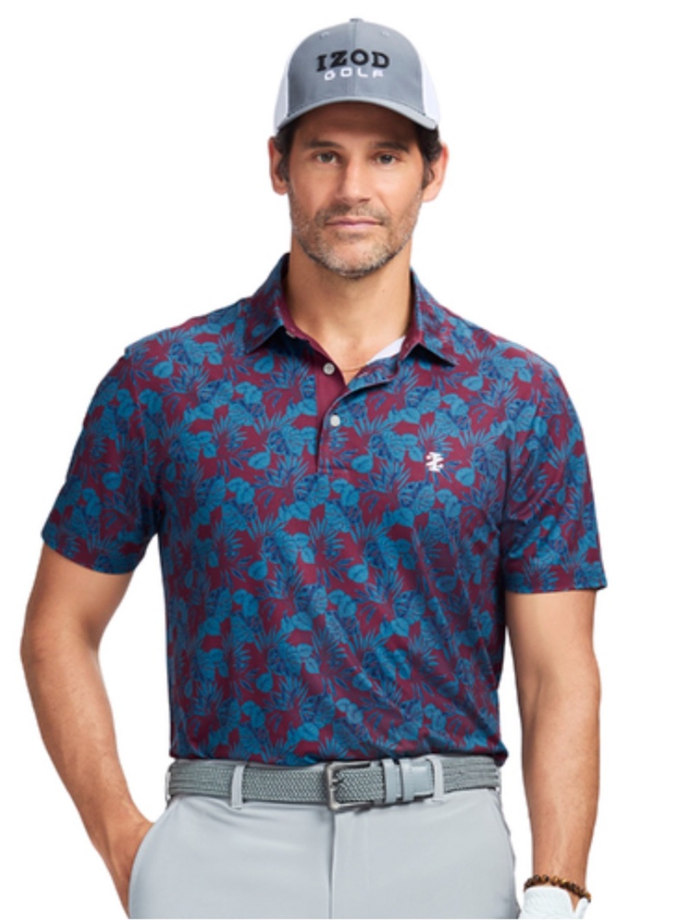 IZOD Golf Men’s Polo Shirt XL | Burgundy Blue Floral Performance Short Sleeve